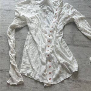 White Waffle Knit Long-Sleeve Button Front Top